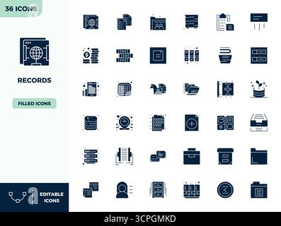 Set of 36 Filled PIXEL perfect vector icons themed around Records, crafted in 128x128 resolution for seamless integration in apps and websites. Stock Vector