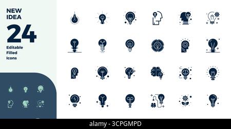 Comprehensive toolkit of 24 vector icons themed around New Idea, developed in Glyph Filled with 128x128 PIXEL perfect precision for versatile design a Stock Vector