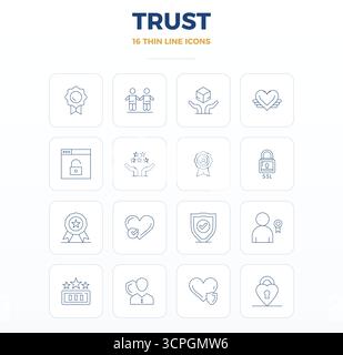 Contemporary collection of 16 vector icons representing Trust in Thin Outline aesthetic, featuring 128x128 PIXEL perfect resolution for modern applica Stock Vector
