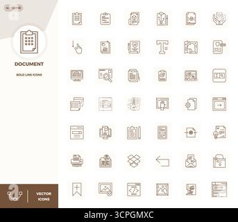 Revolutionary set of 42 PIXEL perfect vector icons inspired by Document, created in Bold Line format at 128x128 resolution for cutting-edge design. Stock Vector