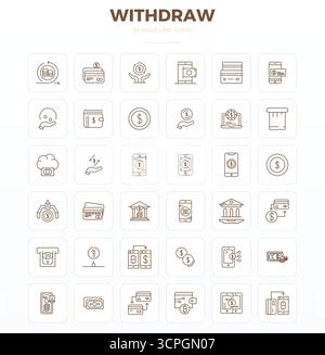 Collection of 36 Strong Outline PIXEL perfect vector icons for Withdraw, designed in 128x128 format for clarity and versatility. Stock Vector