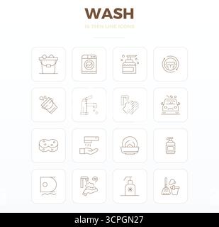 Expertly designed 16 Thin Outline PIXEL perfect vector icons for Wash, engineered at 128x128 resolution for flawless integration and performance. Stock Vector