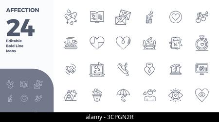 Innovative pack of 24 vector icons themed around Affection, showcasing Bold Line design in 128x128 PIXEL perfect format for modern digital solutions. Stock Vector