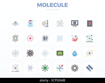 This collection features 24 Minimal Flat PIXEL perfect vector icons tailored to the Molecule theme, optimized in 128x128 format for digital design. Stock Vector