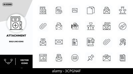 Vector pack with 24 Bold Line PIXEL perfect icons inspired by Attachment, delivered in 128x128 resolution ideal for scalable and creative design work. Stock Vector