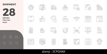 Advanced collection of 28 PIXEL perfect vector icons inspired by Shipment, crafted in Thin Line with 128x128 optimization for superior visual performa Stock Vector