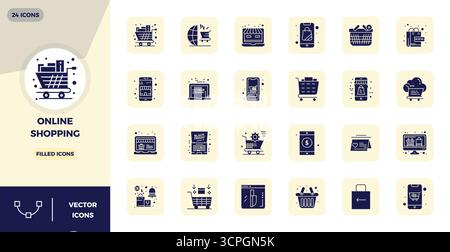 Essential pack of 24 PIXEL perfect vector icons for Online Shopping in Filled format, sized at 128x128 for optimal performance and scalability. Stock Vector