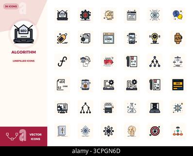 Industry-leading pack of 36 LineFilled PIXEL perfect vector icons for Algorithm, sized at 128x128 for optimal rendering and user interface excellence. Stock Vector