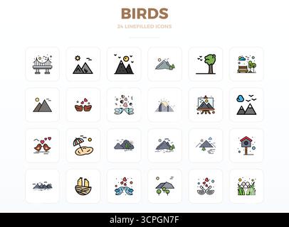 Sophisticated bundle of 24 LineFill vector icons for Birds, engineered with 128x128 PIXEL perfect clarity for professional applications. Stock Vector