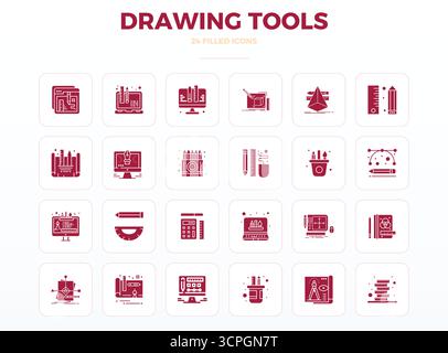 Set of 24 SolidFill PIXEL perfect vector icons themed around Drawing Tools, crafted in 128x128 resolution for seamless integration in apps and website Stock Vector