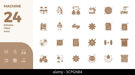 Vector pack with 24 Glyph Filled PIXEL perfect icons inspired by Machine, delivered in 128x128 resolution ideal for scalable and creative design work. Stock Vector