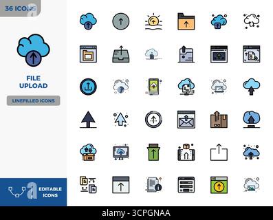 Essential pack of 36 PIXEL perfect vector icons for File Upload in Flat Lineal Color format, sized at 128x128 for optimal performance and scalability. Stock Vector