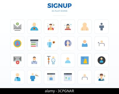 Complete package of 24 vector icons themed around Signup, showcasing Minimal Flat design in 128x128 PIXEL perfect quality for modern interfaces. Stock Vector