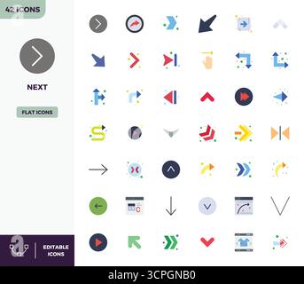 Exclusive collection of 42 Flat Color vector icons for Next, developed with 128x128 PIXEL perfect resolution for premium brand experiences. Stock Vector