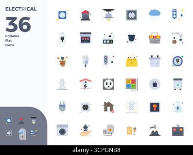 This Electrical vector icon pack includes 36 Flat designs in 128x128 PIXEL perfect format, perfect for enhancing digital interfaces. Stock Vector