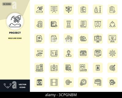 This set of 36 Bold Line vector icons captures Project themes in 128x128 PIXEL perfect quality, perfect for tech and business applications. Stock Vector