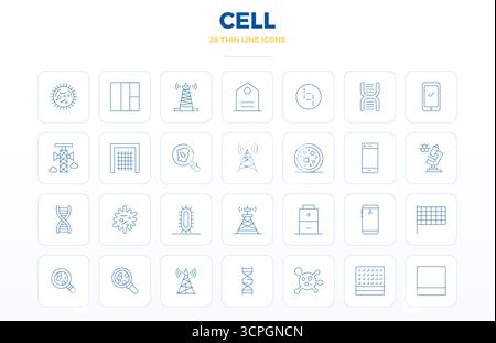Vector pack with 28 Thin Outline PIXEL perfect icons inspired by Cell, delivered in 128x128 resolution ideal for scalable and creative design work. Stock Vector