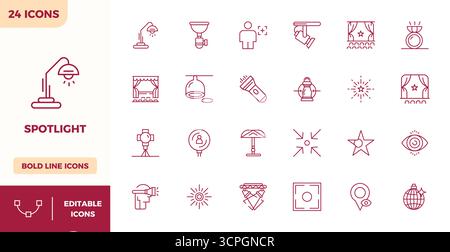 This collection features 24 Heavy Line PIXEL perfect vector icons tailored to the Spotlight theme, optimized in 128x128 format for digital design. Stock Vector