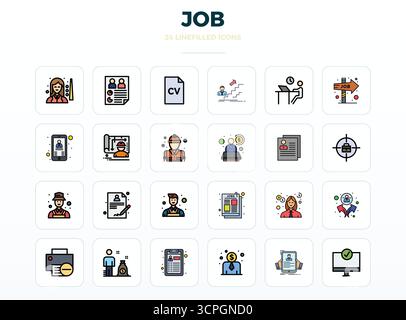 Premium collection of 24 LineFill vector icons for Job, meticulously crafted in 128x128 PIXEL perfect resolution for superior visual impact. Stock Vector