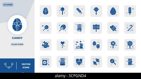 Unlock 24 Filled PIXEL perfect vector icons inspired by Candy, optimized in 128x128 format for flawless display across all devices. Stock Vector