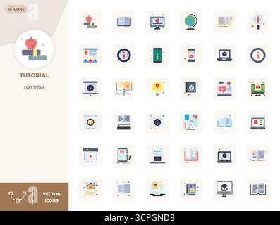 Strategic bundle featuring 36 vector icons representing Tutorial in Flat format, optimized with 128x128 PIXEL perfect quality for professional workflo Stock Vector