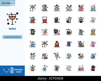 Set of 36 Flat Lineal Color PIXEL perfect vector icons themed around Soda, crafted in 128x128 resolution for seamless integration in apps and websites Stock Vector