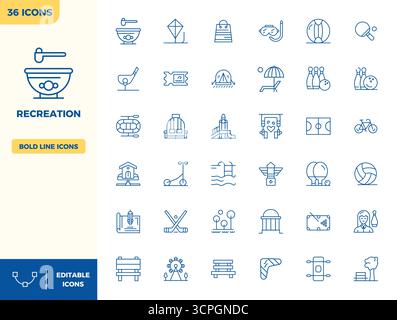 Unlock 36 Heavy Line PIXEL perfect vector icons inspired by Recreation, optimized in 128x128 format for flawless display across all devices. Stock Vector