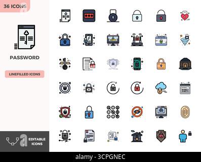 Explore 36 Flat Lineal Color PIXEL perfect vector icons in 128x128 resolution inspired by Password. Perfect for web and app interfaces. Stock Vector