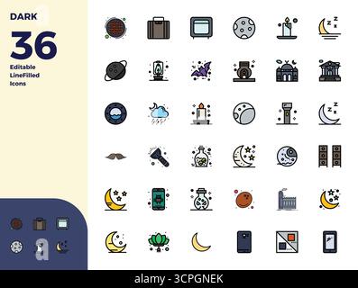 Ultimate collection of 36 vector icons representing Dark in Duotone aesthetic, optimized with 128x128 PIXEL perfect resolution for maximum impact. Stock Vector