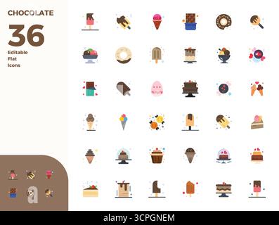 Revolutionary set of 36 PIXEL perfect vector icons inspired by Chocolate, created in Flat format at 128x128 resolution for cutting-edge design. Stock Vector