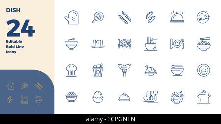 A versatile set of 24 Bold Line PIXEL perfect vector icons focused on Dish, delivered in crisp 128x128 format ideal for mobile and web applications. Stock Vector
