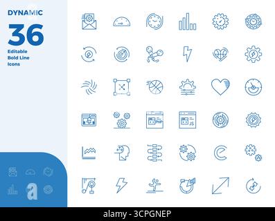 Industry-leading pack of 36 Bold Line PIXEL perfect vector icons for Dynamic, sized at 128x128 for optimal rendering and user interface excellence. Stock Vector