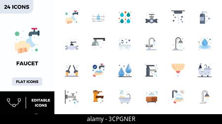 Artfully designed 24 Flat Color PIXEL perfect vector icons for Faucet, delivered in 128x128 format for consistent visual excellence. Stock Vector