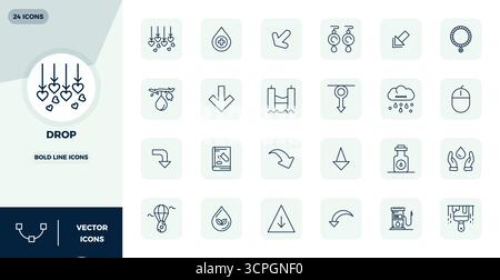 A versatile set of 24 Bold Line PIXEL perfect vector icons focused on Drop, delivered in crisp 128x128 format ideal for mobile and web applications. Stock Vector