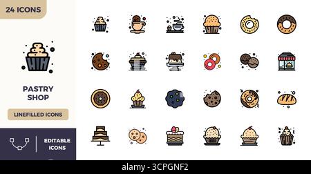 Complete package of 24 vector icons themed around Pastry Shop, showcasing Flat Lineal Color design in 128x128 PIXEL perfect quality for modern interfa Stock Vector
