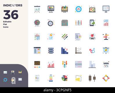 Expertly designed 36 Flat PIXEL perfect vector icons for Indicators, engineered at 128x128 resolution for flawless integration and performance. Stock Vector