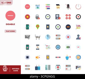 Meticulously crafted 42 Flat Color vector icons for Disable, delivered in 128x128 PIXEL perfect quality for uncompromising design standards. Stock Vector