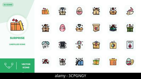 Discover a set of 24 LineFilled vector icons crafted for the Surprise theme, featuring 128x128 PIXEL perfect designs ideal for modern UI/UX projects. Stock Vector