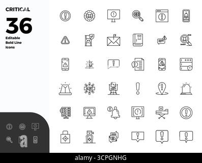 Explore 36 Bold Line PIXEL perfect vector icons in 128x128 resolution inspired by Critical. Perfect for web and app interfaces. Stock Vector