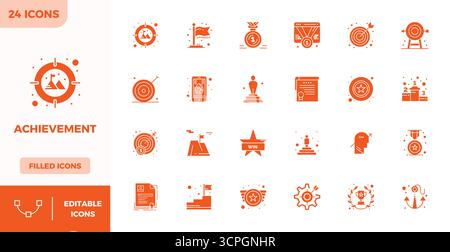Expertly designed 24 Filled PIXEL perfect vector icons for Achievement, engineered at 128x128 resolution for flawless integration and performance. Stock Vector
