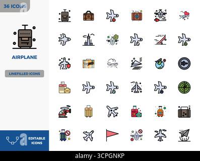 Premium collection of 36 Flat Lineal Color vector icons for Airplane, meticulously crafted in 128x128 PIXEL perfect resolution for superior visual imp Stock Vector