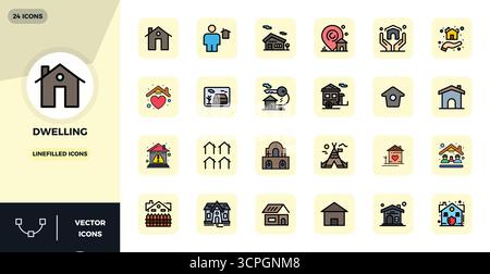This collection features 24 LineFilled PIXEL perfect vector icons tailored to the Dwelling theme, optimized in 128x128 format for digital design. Stock Vector