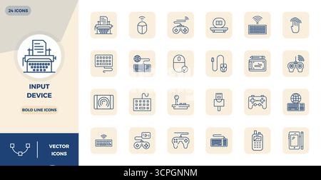 Handcrafted collection featuring 24 Bold Line vector icons for Input Device, optimized in 128x128 PIXEL perfect resolution for premium digital experie Stock Vector