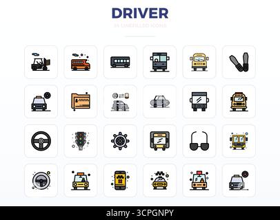 Advanced collection of 24 PIXEL perfect vector icons inspired by Driver, crafted in LineFill with 128x128 optimization for superior visual performance Stock Vector