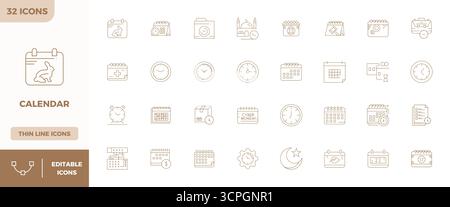 Streamlined set of 32 vector icons for Calendar in Minimal Line aesthetic, featuring 128x128 PIXEL perfect resolution for seamless user experiences. Stock Vector