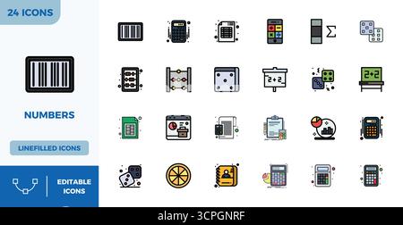 Professional-grade collection of 24 Flat Lineal Color vector icons representing Numbers, crafted with 128x128 PIXEL perfect precision for enterprise a Stock Vector