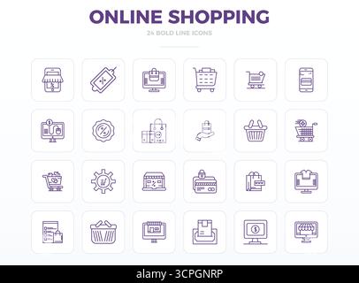 High-performance collection of 24 Strong Outline vector icons for Online Shopping, engineered with 128x128 PIXEL perfect resolution for optimal user i Stock Vector