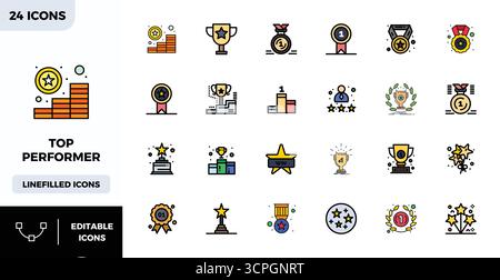 Beautifully rendered 24 Flat Lineal Color PIXEL perfect vector icons for Top Performer, created at 128x128 resolution for stunning visual consistency Stock Vector