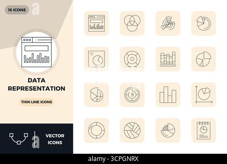 Advanced collection of 16 PIXEL perfect vector icons inspired by Data Representation, crafted in Thin Line with 128x128 optimization for superior visu Stock Vector