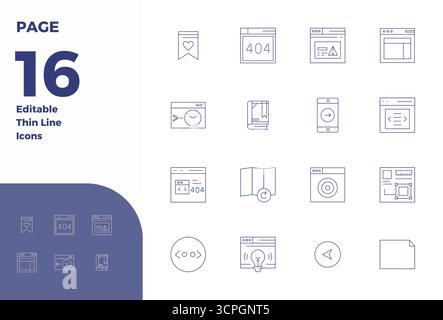 Transform your designs with 16 Thin Line vector icons themed around Page, engineered in 128x128 PIXEL perfect resolution for maximum clarity. Stock Vector